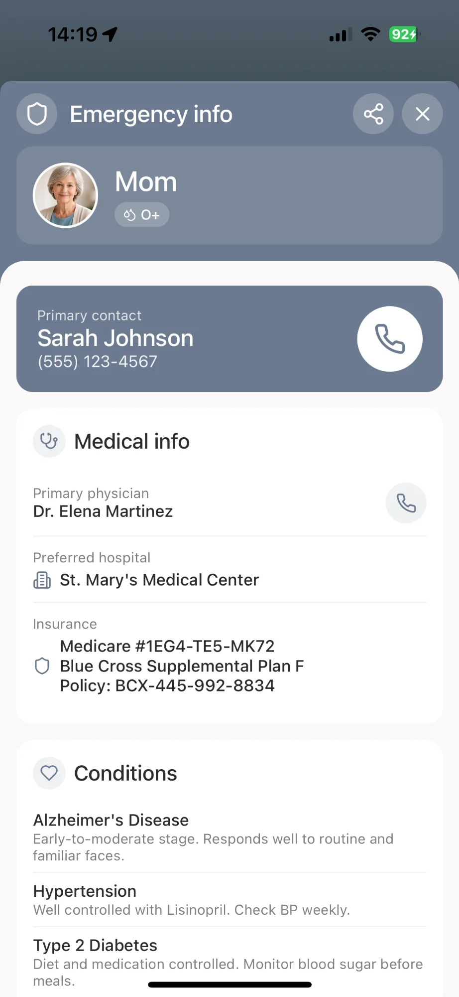Emergency info card with medical details